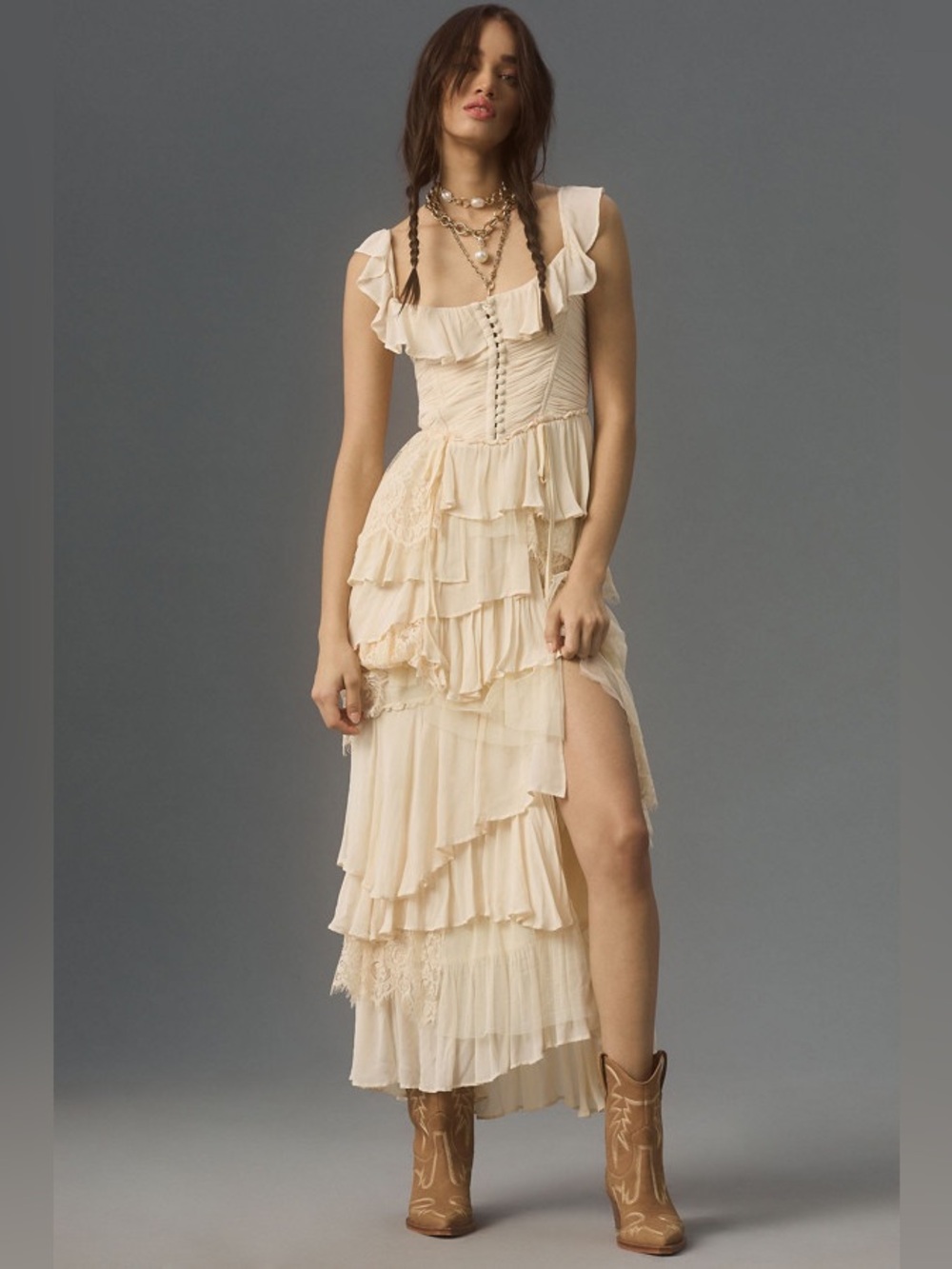 Anthropologie Corset Tiered Lace Ruffle Dress Light Beige Ivory Small Petite
